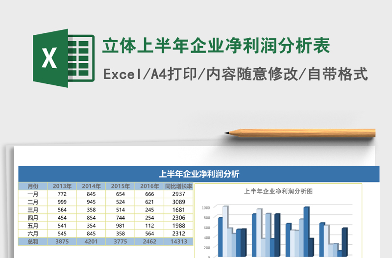 立体上半年企业净利润分析表Excel模板
