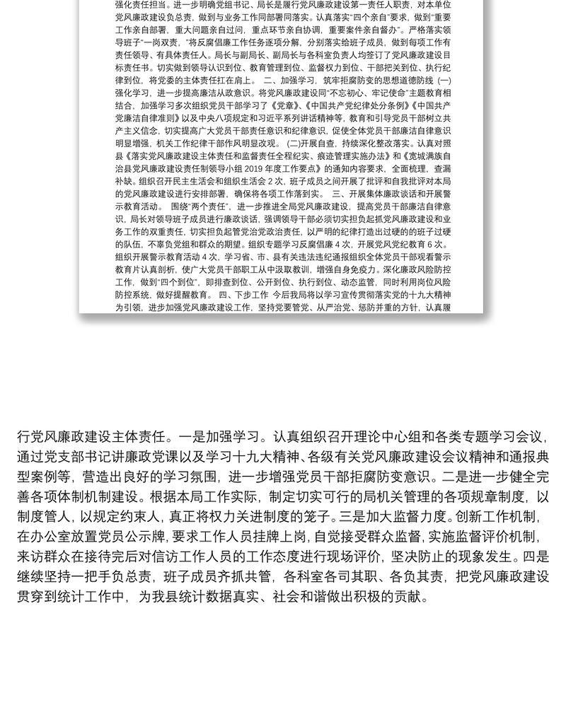 中共县统计局党组党风廉政建设主体责任工作总结报告