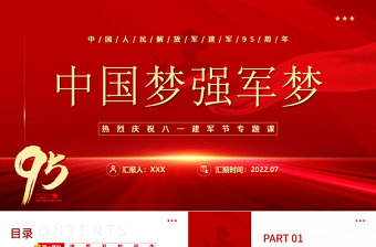 中国梦强军梦PPT党政大气风热烈庆祝中国人民解放军建军95周年专题党课课件模板