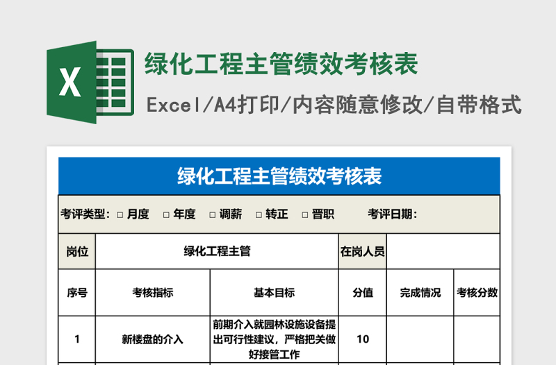 绿化工程主管绩效考核表Excel表格