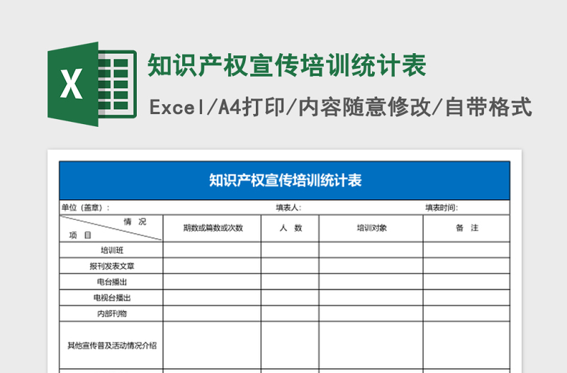 知识产权宣传培训统计表Excel表格