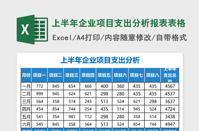 上半年企业项目支出分析报表Excel模板表格