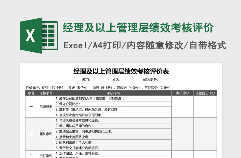 经理及以上管理层绩效考核评价Excel表格