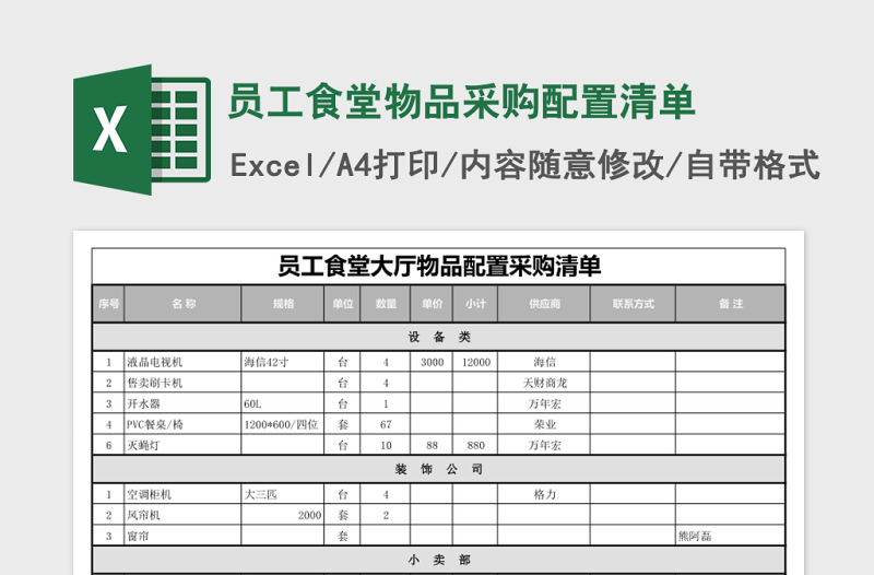 员工食堂物品采购配置清单Excel模板