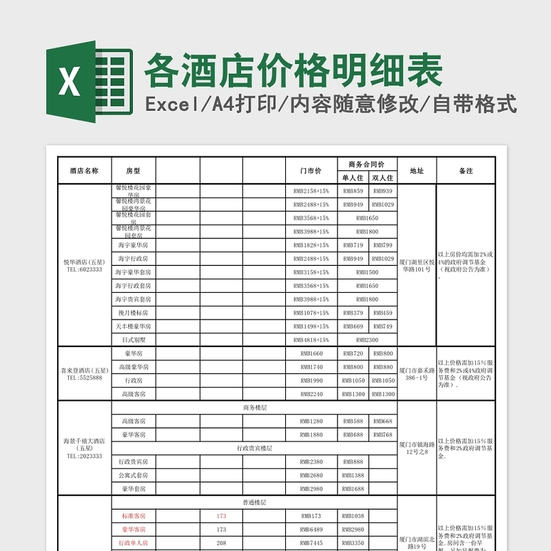 各酒店价格明细表