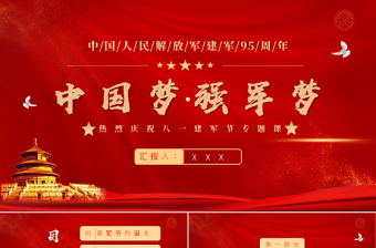 中国梦强军梦PPT红色大气风热烈庆祝八一建军节专题党课课件模板