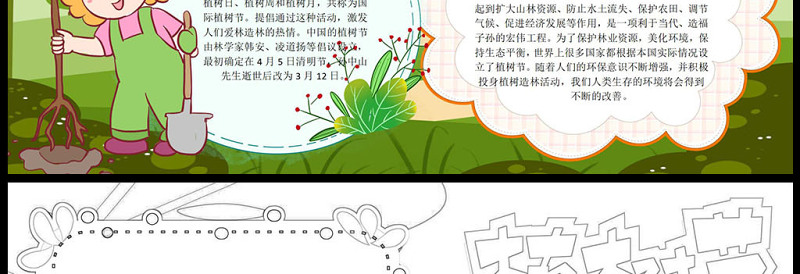 2023植树节手抄报创意绿色卡通3月12日植树节介绍电子小报模板