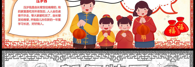 2023新年手抄报红色可爱喜庆新年传统习俗介绍小报模板下载