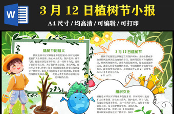 2023植树节手抄报小清新绿色插画3月12日植树节介绍电子小报模板