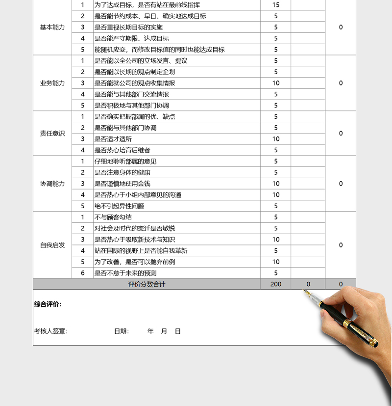 经理级管理人员绩效考核评价表Excel表格