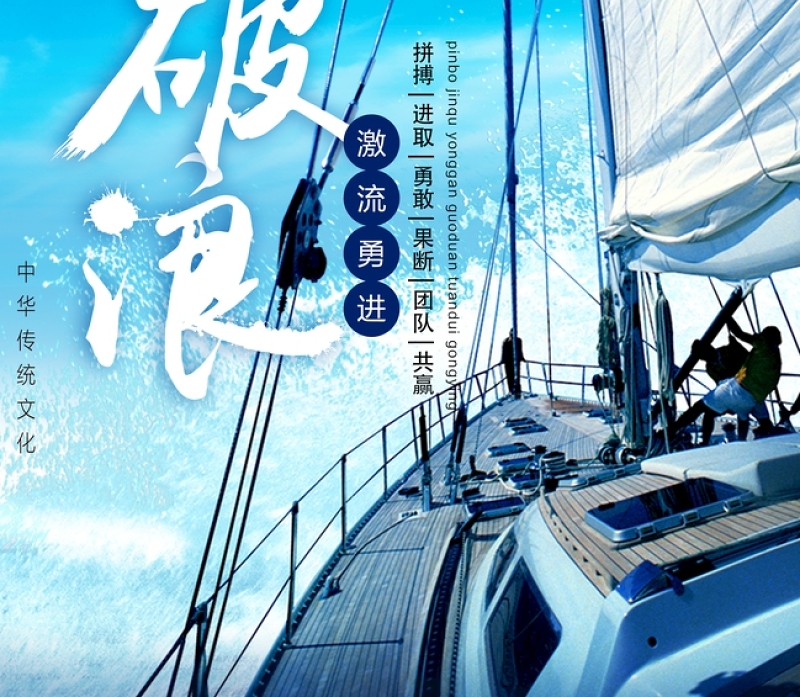 蓝色大气风帆乘风破浪企业文化励志宣传海报模板下载
