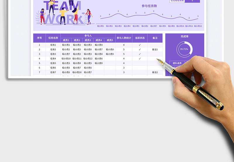 紫色简约自动统计运营分工表免费下载