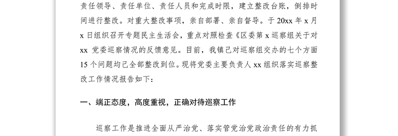 2021党委主要负责人组织落实巡察整改工作的情况报告范文