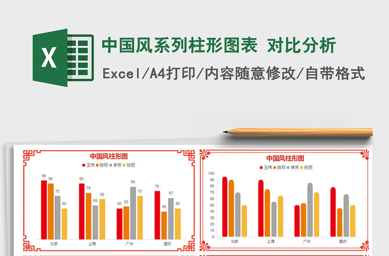 2022年中国风系列柱形图表 对比分析