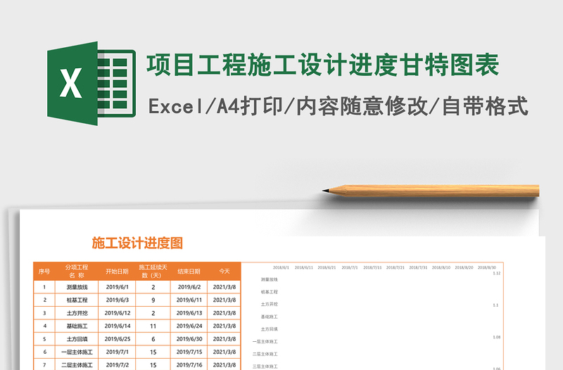 项目工程施工设计进度甘特图表Excel表格模板