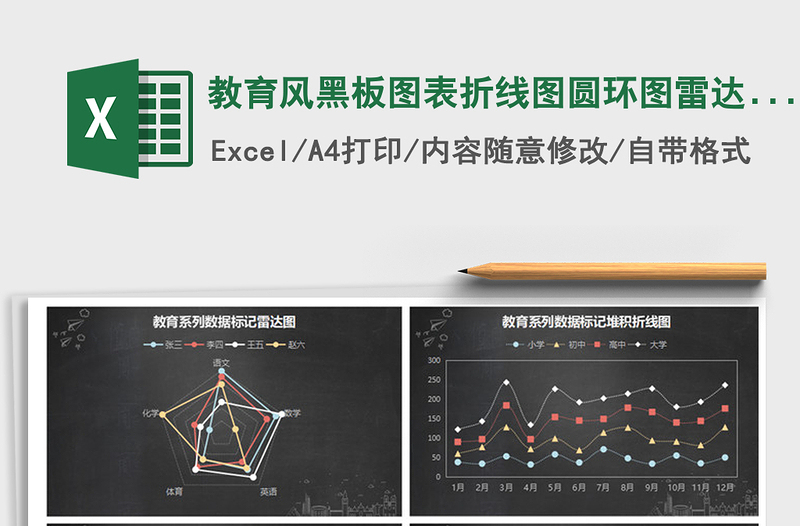 2021年教育风黑板图表折线图圆环图雷达图