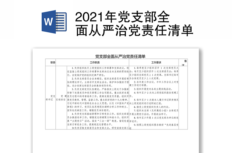 2021年党支部全面从严治党责任清单