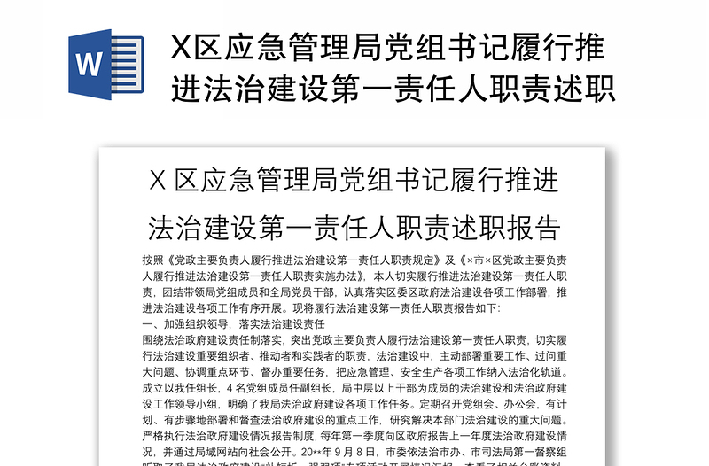 X区应急管理局党组书记履行推进法治建设第一责任人职责述职报告