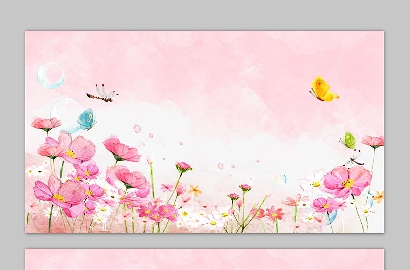 粉色唯美水彩蝴蝶蜻蜓花卉PPT背景图片