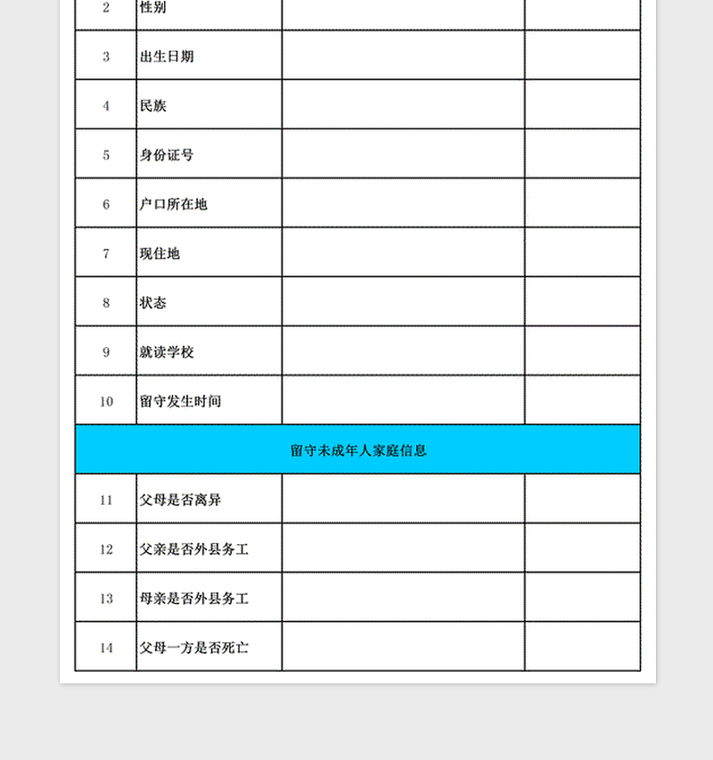 2021年留守儿童信息情况登记表