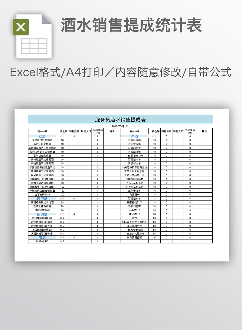 酒水銷售提成統計表