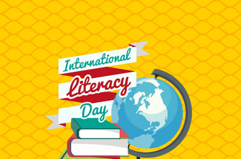 黄色背景与书籍和世界的国际扫盲日