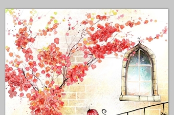 红叶 窗户韩国风格幻灯片背景图片