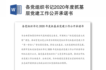各党组织书记2020年度抓基层党建工作公开承诺书