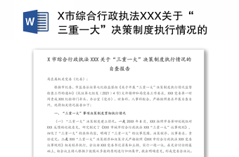 X市综合行政执法XXX关于“三重一大”决策制度执行情况的自查报告