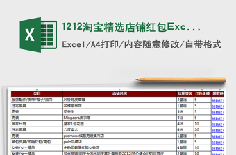 1212淘宝精选店铺红包Excel免费下载