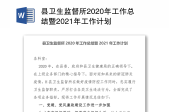 县卫生监督所2020年工作总结暨2021年工作计划