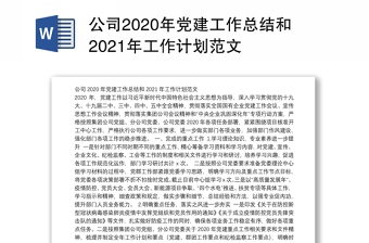 公司2020年党建工作总结和2021年工作计划范文