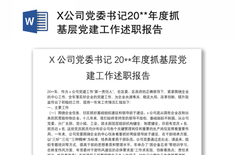X公司党委书记20**年度抓基层党建工作述职报告